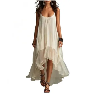YRSHENG Maxikleid Damen Sommer Ärmellos Boho Strandkleid Asymmetrisch Vokuhila Damenkleider Rüschensaum Sommerkleid Sexy U-Ausschnitt Elegant Freizeitkleid,S
