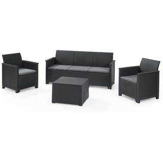 Keter Lounge Set Emma 9-teilig - graphit , 2 Sessel + 3-Sitzer Sofa + 1 Tisch mit Truhenfunktion + 5 Sitzauflagen