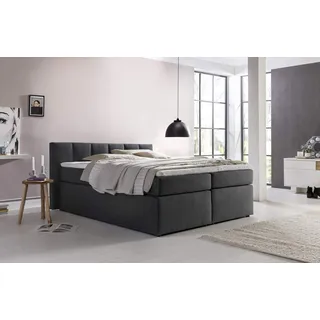 Furniture for Friends Doluna Valina Boxspringbett 180x200 cm H2/H3 in Anthrazit niedriges Kopfteil 90 cm Ideal für Dachschrägen inkl. Visco Topper + 7 Zonen Taschenfederkern-Matratze