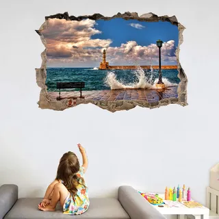 Kuletkear Leuchtturm am Meer Wandtattoo Mädchen Kinderzimmer Dekoration Abnehmbare 3D Wandsticker Landschaft Vinyl Wandaufkleber für Wohnzimmer, Schlafzimmer 60 cm x 90 cm
