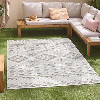 carpet city In-& Outdoor Teppich - 280x380 cm - für Innen-& Außenbereich - Wetterfest Balkon-Teppich, Terrasse, Flur, Küche - Wohnzimmer-Teppiche - Hochtief/ 3D-Effekt - Ethno-Look in Creme