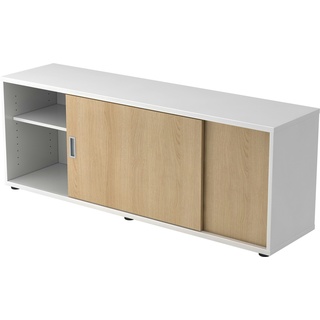 bümö Lowboard mit Schiebetür, Sideboard Weiß/Eiche - Büromöbel Sideboard Holz 160cm breit, 40cm schmal, Büro Schrank für Flur oder als