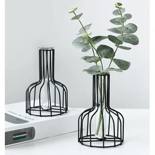 2 Stück Schwarze Blumenvase mit Metallrahmen, klares Glas, Reagenzglas, dekorativ, kleine Knospenvasen, Geschenke für Hochzeitsdekoration, Tischblumendekoration, Innendekoration, Wohnzimmerdekoration