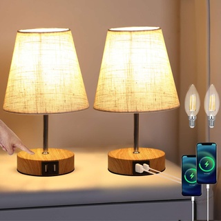 Lightess 2er Set Nachttischlampe Touch Dimmbar Tischleuchten USB LED Tischlampen Modern Vintage mit Holz Basis Retro Stoffshirm mit E14 Glühbirne Warmweiss für Wohnzimmer Schlafzimmer Tisch, Beige
