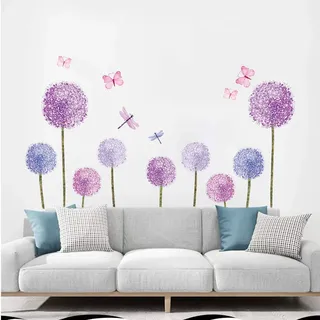 ufengke Wandtattoos Löwenzahn Lila Wandsticker Wandaufkleber Pusteblume Blumen Schmetterlinge für kinderzimmer Mädchen Wohnzimmer Flur