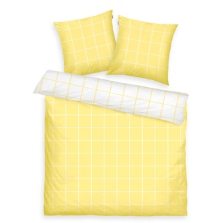 Tom Tailor Renforcé-Bettwäsche, 2*80x80 cm + 200x220 cm, 100% Baumwolle/ Renforcé, mit Wendemotiv und farbigem Markenreißverschluss, LARGE CHECK Gelb, Weiß (Light Lemon & Crisp White)