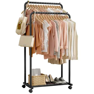 Sakugi Kleiderständer - Kleiderständer auf Rollen, Kleiderstange mit Aufbewahrungsgitter, Robuster Metall-Garderobenständer für Kleidung, Pullover, Mäntel, Clothes Rack (Schwarz, Groß-2 Stangen)
