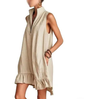 Damen Einfarbiges Stehkragen ärmelloses Leinenkleid mit halbem Reißverschluss für Sommer Urlaub Strand Radfahren Freizeitkleidung Größe M (XXL Khaki)
