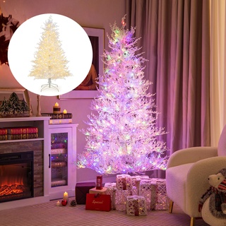 COSTWAY 180 cm Weihnachtsbaum Künstlich mit Beleuchtung, Tannenbaum mit Schnee, 11 Lichtmodi, 2 Lichtfarben, beleuchteter Christbaum mit 300 LEDs & Metallständer, für Zuhause Büro Geschäfte, Weiß