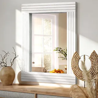 HLFMVWE Großer rustikaler Wandspiegel, rechteckig, Vintage-Stil, Holzrahmen, großer Spiegel, Dekoration, Bauernhaus, Wohnzimmer, Badezimmer, Schlafzimmer, Eingang, Weiß, 45 x 65 cm