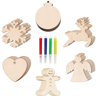 36 Stück Weihnachtskugeln Holzanhänger mit Juteseil & Marker,DIY Weihnachten Deko Holz zum Bemalen,6 Weihnachtsmuster Holz Ornament Kit