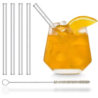 HALM Glas Strohhalme kurz - 4 Stück gerade 15 cm - Glasstrohalme Set Wiederverwendbar + plastik-freie Reinigungsbürste - Glas-Trinkhalme für Cocktail Gläser, Kinder Trinkgläser - Smoothie Strohhalme