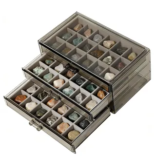 Ysislybin Aufbewahrungsbox, 54 Fächer Setzkasten für Steine, 3-lagige Edelstein-Vitrine, Transparente Acryl-Sammelbox für Abschluss-Souvenirs, Steine und Muscheln, Schmuckkoffer für Ringe, Ohrringe