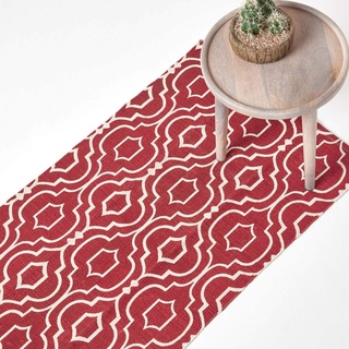 Homescapes Teppichläufer Riga, handgewebt aus 100% Baumwolle, 66 x 200 cm, Baumwollteppich mit geometrischem Muster, rot
