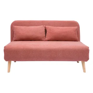 Zweisitzer-Schlafsofa aus terrakotta-farbenem samtigem Strukturstoff und hellem Holz AMIKO