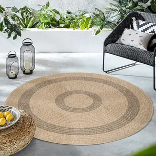 HomebyHome In & Outdoor Teppich Wetterfest Rund 120 cm Schwarz, Sisal und Jute Optik - Wasserfest für Balkon, Küche, Camping, Garten, Terrasse - Waschbare Bordüre Design