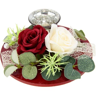 I.GE.A. Teelichthalter Mit Glaseinsatz und Teelichtkerze, künstlichen Rosen Eukalyptus (1 St), Kerzenständer Kerzenhalter Tischdeko Kerzen Muttertag Valentinstag rot