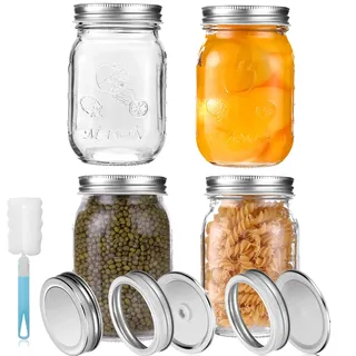 YUEYEE Meal Prep Glas Einmachgläser mit Deckel 4er Marmeladengläser 450ml/16oz Einmachgläser mit Schraubdeckel für Hausgemachte Marmelade Gelee Reis Zucker mit Ersatzdeckel Overnight Oats Gläser