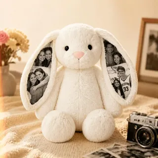 Personalisierter Stoffhase mit 4 Fotos, Kuscheltier Hase mit Versteckten Bildern in den Ohren Personalisiert, Foto Kuscheltier aus Weichem Plüsch, Warmes Geschenk für Paare Familie Freunde, 26cm/40cm