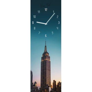 Wanduhr Manhattan - lautlose Uhr aus Glas Made in EU - Glasuhr inklusive Wandaufhängung - Wanduhr ohne Tickgeräusche mit Metallzeiger - Manhattan New York rechteckig Empire State Building - 20 x 60 cm