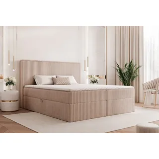 Goldstoff Boxspringbett Modernes Komfortbett "NORDIC DREAM" mit Stauraum & stilvollem Kopfteil (120–200x200 cm, Seitenhöhe: 54 cm), Komfortables Stauraumbett mit Bonellfederkern & Komforthöhe beige