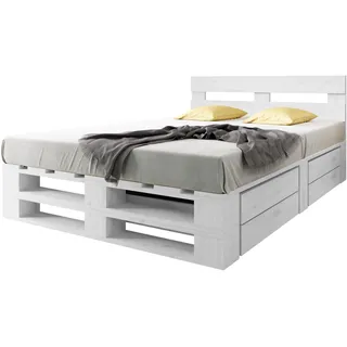 Lermowood Palettenbett M2 aus Holz 180 x 200 cm Weiß mit Kopfteil und 2 Bettkästen Holzbett 40cm Stabiles Seniorenbett Kinderbett Jugendbett Gästebett erhöhtes Bettgestell Futon Komforthöhe Naturholz
