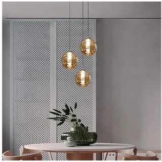 ZMH Pendelleuchte LED Höhenverstellbar Kronleuchter Glas Wohnzimmerlampe, LED wechselbar, Warmweiß, 3-Flammig braun