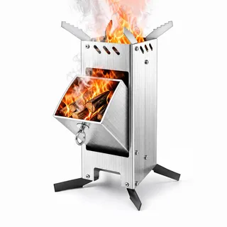Raketenofen Klein, Tragbarer Rocket Stove, Holzofen Outdoor (Silber) | Kanonenofen mit Kochgeschirrhalterung, Zusammenklappbarer Hobo Kocher, Camping Feuerschale für Camping, BBQ, Dutch Oven