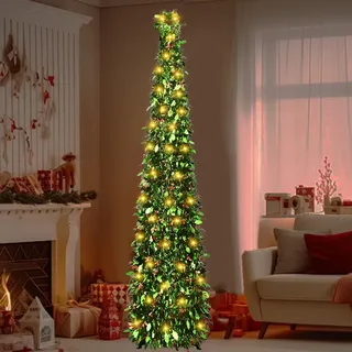 Weihnachtsbaum Künstlich mit Beleuchtung, Abziehbar Pop Up Spiral Weihnachtsbaum 150 cm, Tannenbaum Dekoriert Christbaum Beleuchtet, für Zuhause, Küche, Esszimmer (A)