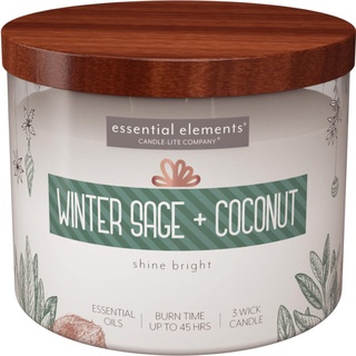 Candle Lite Essential Elements Duftkerze im Glas | Winter Sage & Coconut | Duftkerze Eukalyptus | 3 Docht Kerze | Kerzen lange Brenndauer (45h) | Große Kerze (418g)