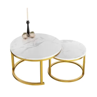 Home Heaven® Couchtisch Rund Weiss Marmor mit Gold – Runder Wohnzimmertisch 2er Set für Wohnzimmer - Ø70cm Ø50cm