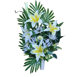 DRW Künstliche Blumenvase für Friedhof, Heiligen, Jahrestage, Gelb und Weiß, um direkt in die Aussparung zu Legen, 70 cm hoch x 47 cm breit x 26 cm tief