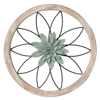 Wambere 3D Blumen Wanddeko Wandkunst Metall Holz Vintage Wandornament Boho Wanddeko Rund Rustikale Wanddekoration Wohnzimmer Hängende Wanddeko Rund Wandkunst für Esszimmer Flur und Büro,Grün