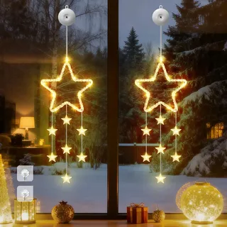 Dankeled LED Sterne Weihnachtsbeleuchtung, 2 Stück Weihnachtsstern Fenster Lichterkette, Warmweiß Lichtervorhang Innen Batteriebetriebene mit Timer,8 Modi für Weihnachtsdeko Balkon Fest Party Hochzeit