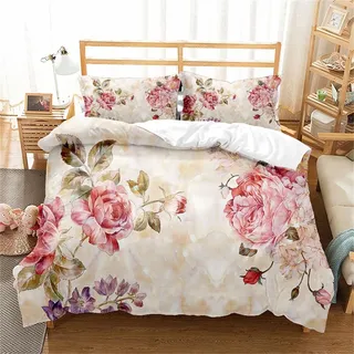Tomifine Bettwäsche Blumen Bunt Pflanzen Bettwäsche Set Mädchen mit Weich Microfaser Botanisch Bettbezug mit Reißverschluss und Kissenbezug (200x200 cm+80x80cmx2,Rose)