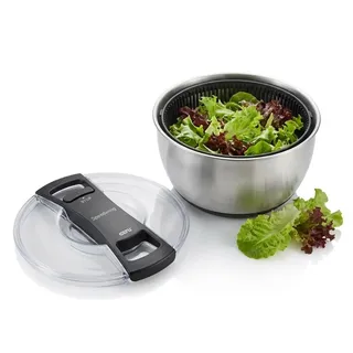 GEFU Salatschleuder aus Edelstahl mit Seilzugantrieb - 5L Salat-Trockner & Servierschüssel mit Stopp-Funktion - Schonende Schleuder ohne Richtungswechsel, Ø 26 cm, Spülmaschinengeeignet