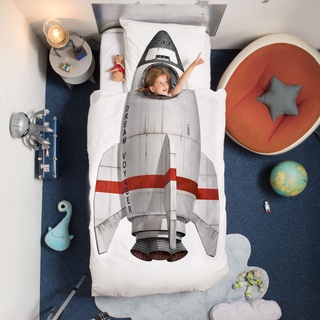 Snurk - Kinder-Bettwäsche-Set - Rocket, Rakete - Baumwolle - Decke (135x200cm) und Kissen (80x80cm)