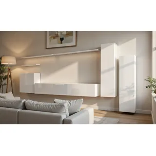 Xlmoebel Wohnwand Weißes TV-Möbel mit Regal für modernes Wohnzimmerdesign, (7-St., 1x Wohnwand + 1x TV Ständer + 3x Wandschrank + 3x Wandregal), Hergestellt in Europa weiß