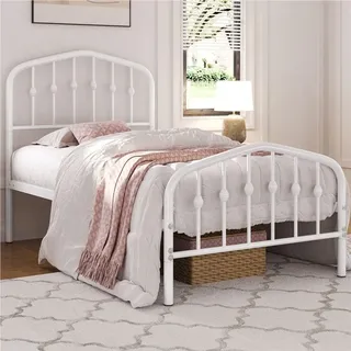 Yaheetech Metallbett Bettgestell 90 x 200 cm, Krone Kopfteil, Vintage Bettrahmen, Weiß - Weiß
