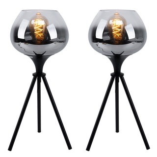 Tischlampe schwarz Beistellleuchte Nachttischlampe Dreibein Leseleuchte Rauchglas, Metall, 1x E27 Fassung, DxH 24x45 cm