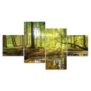 ARTland Glasbilder Wandbild Glas Bild Set 4 teilig 120x70 cm Querformat Wald Natur Landschaft Bäume Bach Sonne Frühling T9IO