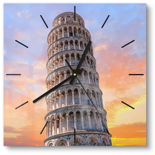 DEQORI Wanduhr 'Der Schiefe Turm von Pisa' (Glas Glasuhr modern Wand Uhr Design Küchenuhr) blau|gelb|orange 30 cm x 30 cm