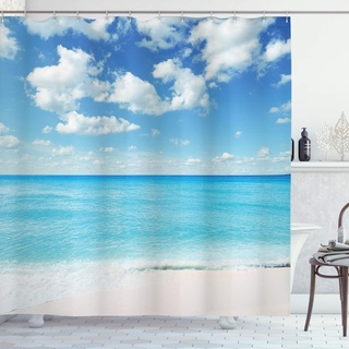 ABAKUHAUS Tropisch Duschvorhang, Exotischer Strand Vivid Sky, Stoffliches Gewebe Badezimmerdekorationsset mit Haken, 175 x 200 cm, Sky Blue Aqua
