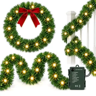 6M Tannengirlande mit Beleuchtung 60 LED PVC 8 Lichtmodi,Wiederverwendbar | 6M mit 60 LED weihnachtsgirlande,PVC,Weihnachtsgirlande treppengeländer, Kamin, Fenster und den geschützten Außenbereich