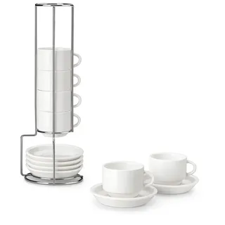 MALACASA Kaffeeservice Porzellan Espressotasse, Metallständer, Weiß/Schwarz/Marmor (6-tlg), 6 Personen, Porzellan weiß 90 ml