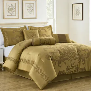 Chezmoi Collection 7-teiliges Jacquard-Bettwäsche-Set mit Blumenmuster (Queen-Size, Gold)
