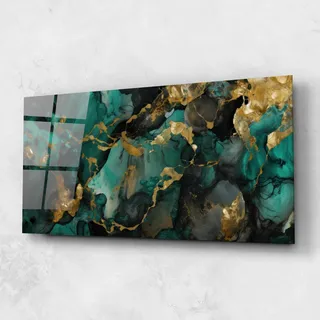 ARTHUB® Glasbild 60x150 cm, 4mm ESG | Moderne Wandbilder aus Glas für Wohnzimmer & Schlafzimmer, Wanddekoration, Wohnkultur, Abstrakte, Dark Green Golden Marble