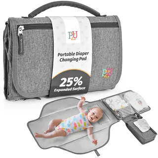 Wickelunterlage Unterwegs - Tragbare Wickelauflage für Baby mit Wischtasche, wasserdicht und leicht zu reinigen, Grau