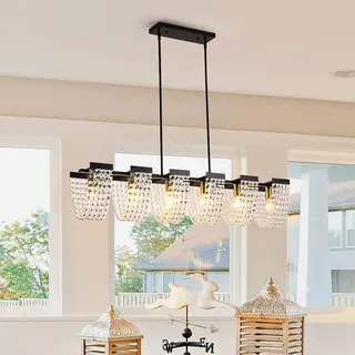 Ganeed Kristall Pendelleuchte Hängekronleuchter E27 Schwarz 6 Licht | Esszimmer Linear Kronleuchter Kücheninsel Modern Dekor Deckenbeleuchtung Schmiedeeisen Luxus