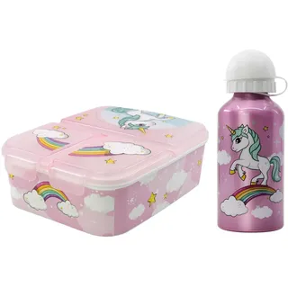 WS-Trend Einhorn Kinder Lunch Set – 2-teilig mit Brotdose (3 Kammern) & Aluminium-Trinkflasche (400 ml) – Rosa Unicorn Design – Ideal für Kindergarten, Schule & Ausflüge